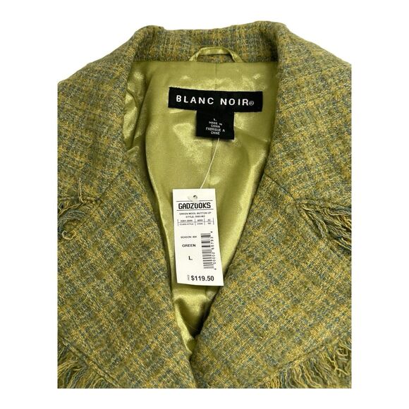90s Blanc Noir Wool Blend Coat  Green Plaid Tweed Fringe Lightweight Juniors L - Picture 8 of 16